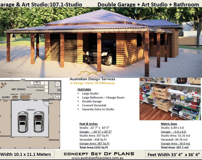 one bedroom or Art Studio + Double Garage Building Plan -Blueprints Concept house plan - building a Art Studio