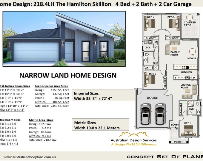 House Plan Skillion Roof | 4 Bedroom house plans | 218.4 m2 or 2350 Sq. Feet | 4 Bedroom home design  |  House Plans For Sale