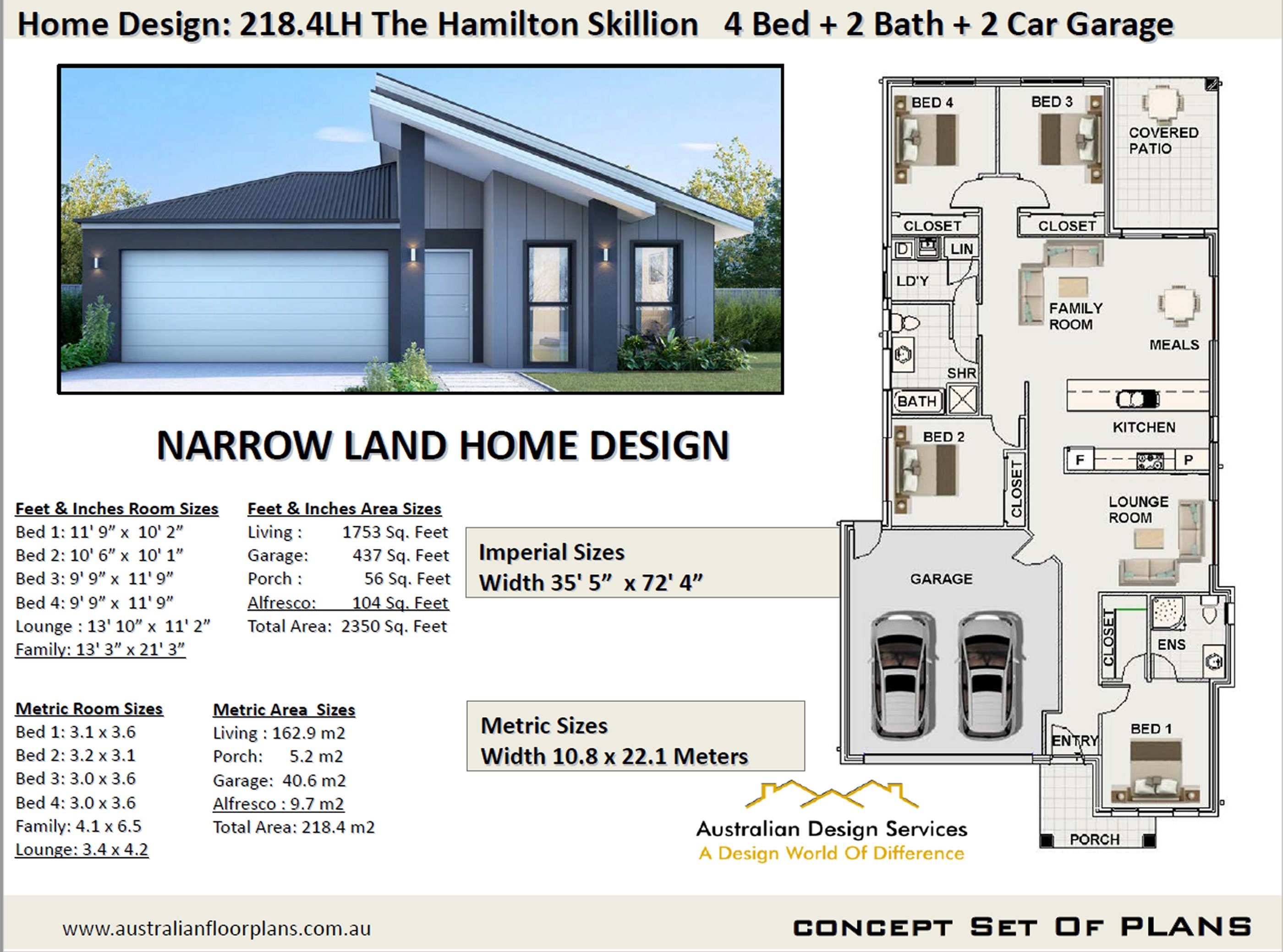 Skillion Roof Narrow Land 4 Bedroom House Plans 218 4 M2 Or Etsy