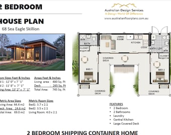 Könnte beinhalten: Ein Grundriss für ein 2-Zimmer-Schiffscontainerhaus mit überdachter Terrasse, Küche und zwei Badezimmern. Der Plan ist mit "68 Sea Eagle Skillion" beschriftet und enthält Maße in Fuß und Zoll.