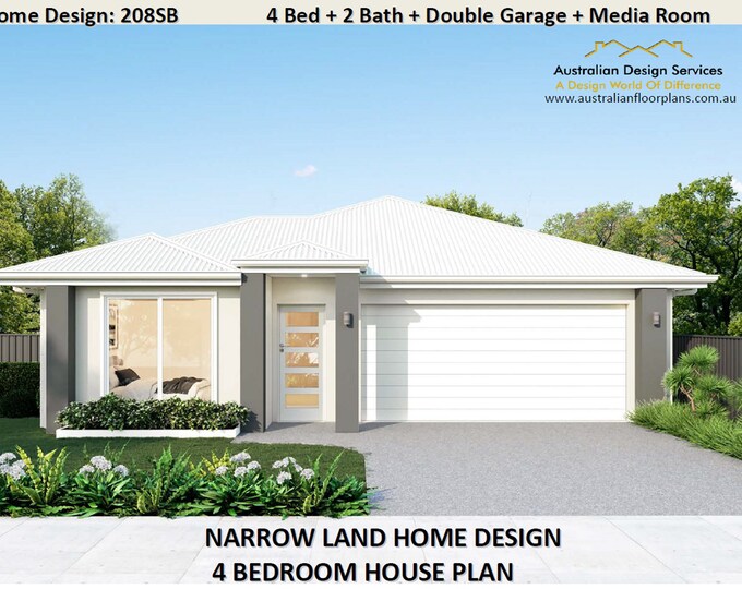 NARROW LAND House Plans - 208.1 m2 / 2238 Sq. Feet 4 Bedroom / Modern Home Plans-Premium Concept Set of Plans