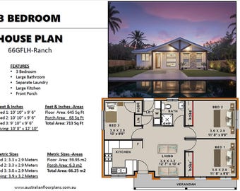 Pode incluir: Um plano de uma casa de 3 quartos com uma área total de 713 pés quadrados. O plano inclui uma sala de estar, uma cozinha, um banheiro e três quartos. A casa tem uma varanda frontal e uma varanda.