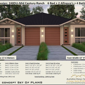 Duplex Design: 248DU-Mid Century Ranch | 2640 Sq. Foot or 245.2 m2 | Narrow Land 6 Bedroom duplex design | 3 x 3 bed narrow duplex plan