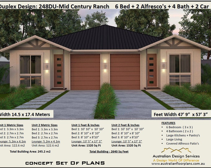 Duplex Design: 248DU-Mid Century Ranch | 2640 Sq. Foot or 245.2 m2 | Narrow Land 6 Bedroom duplex design | 3 x 3 bed narrow duplex plan