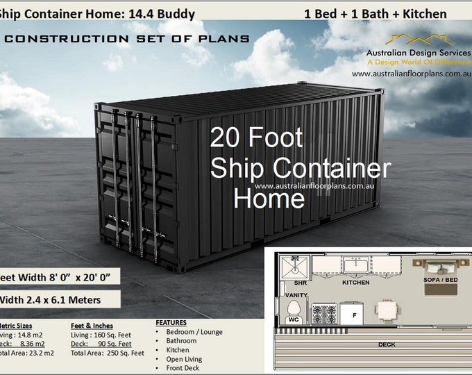 20 Foot Shipping Container Home | Full Construction House Plans | Blueprints USA  feet & Inches - Australian Metric Sizes- Hurry- Last Sets