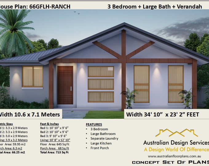 3 Bedroom House Plan 66GF - 66.25m2 | 713 sq. foot | Concept House Plans For Sale