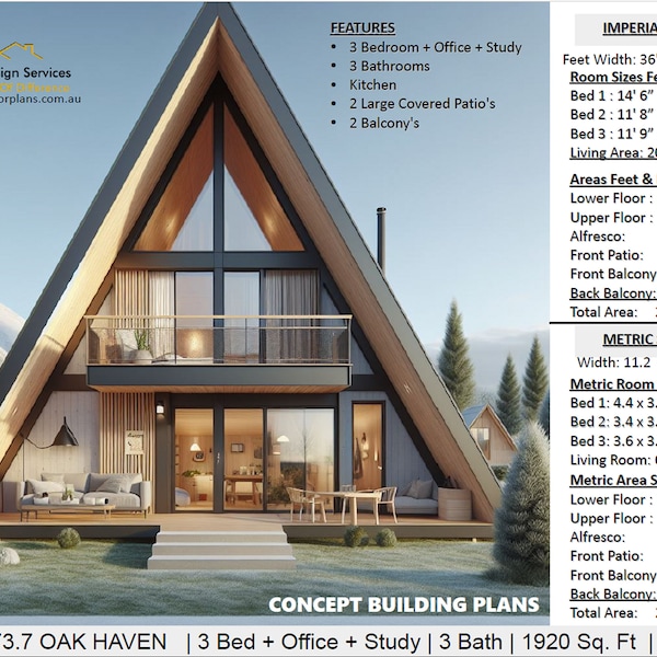 Building Plans | Dream Home | 3-Bedroom + Office + Study Nook + 3 Bathroom + Loft Style + A-Frame House Plans/2 Covered Patios/2 Balconies