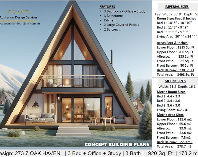 Building Plans | Dream Home | 3-Bedroom + Office + Study Nook + 3 Bathroom + Loft Style + A-Frame House Plans/2 Covered Patios/2 Balconies