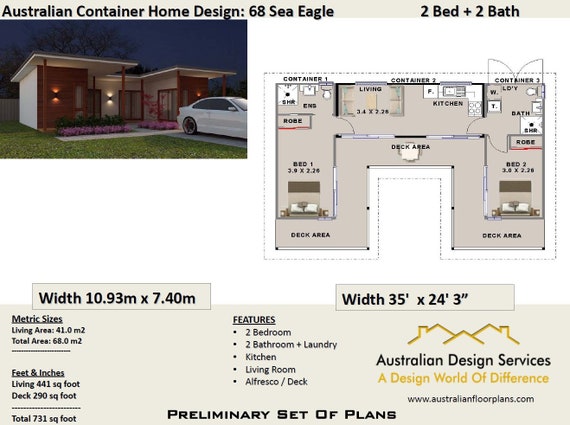2 Bed Shipping Container Home 68 0 M2 Or 731 Sq Foot Australia And Usa Concept Plans Blueprints For Sale