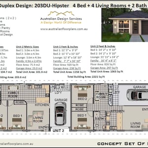 May include: Architectural plan for a narrow duplex design, featuring 4 bedrooms, 4 living rooms, 2 bathrooms, and a 2-car garage. Includes floor plans with dimensions in feet and inches, and a 3D rendering of the exterior. Text on the image reads "Australian Design Services".