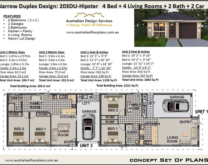 2221 Sq Foot or 203.6 m2 | 4 Bedrooms duplex design | 2 x 2 bedroom duplex plans | 4 bedroom duplex | Narrow 4 bed duplex Building Plans