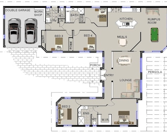 May include: A floor plan of a house with a double garage, work shop, living room, kitchen, dining room, lounge, rumpus room, porch, pergola, and six bedrooms. The plan includes measurements for each room.