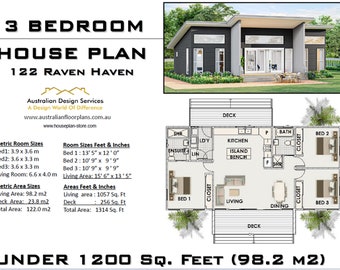 3 BEDROOM HOME - architectural Concept house plans | Modern Skillion Roof inexpensive small home plan Metric/feet and inches 47 x 34