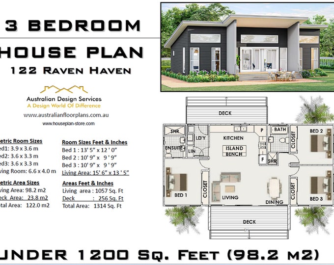 3 BEDROOM HOUSE PLANS - architectural Concept house plans | Modern Skillion Roof inexpensive small home plan Metric/feet and inches 47 x 34