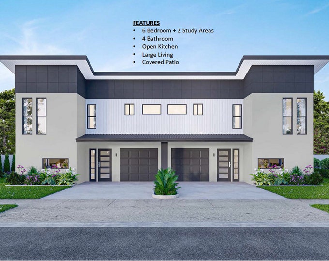 Duplex house plans | Stunning 6 Bedroom + 2 Study Skillion Roof Duplex: Spacious Living, Covered Patio, and Master Bedroom Balcony