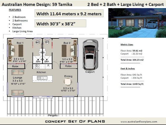 1140 Sq Ft Or 106 23 M2 59m2 Living Great Granny Flat Small Home Plan 2 Bedroom Carport Under 1200 Sq Foot House Plans For Sale