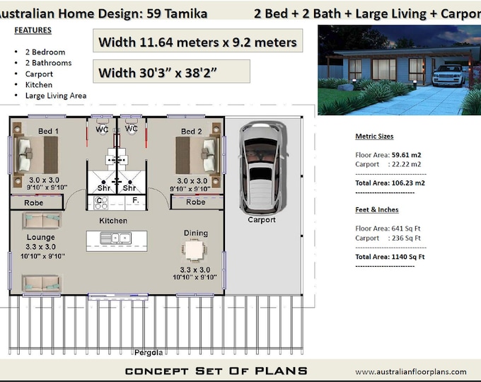 1140 Sq Ft or 106.23 m2 / 59m2 living Great Granny Flat - Small Home Plan, 2 Bedroom + Carport, under 1200 sq foot house plans For Sale