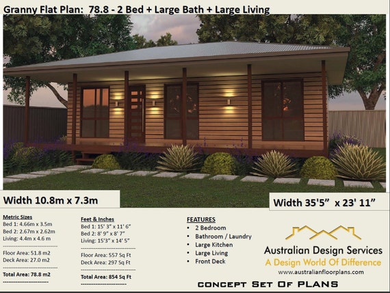 Living Area 51 8 M2 557sq Foot 2 Bedroom House Plan 78 8 Etsy