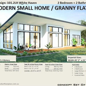 Modern 2 Bedroom house plan /  Small and Tiny House Plans / metric Under 1000 sq foot house plans / Granny Flat 79.9m2 or 860 sq foot -