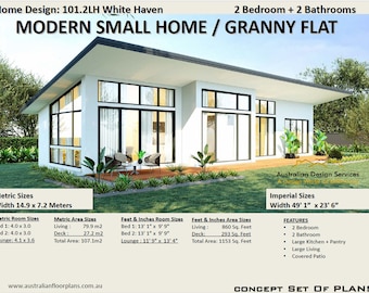 2 Bedroom Modern house plan /  Small and Tiny House Plans / metric Under 1000 sq foot house plans / Granny Flat 79.9m2 or 860 sq foot -