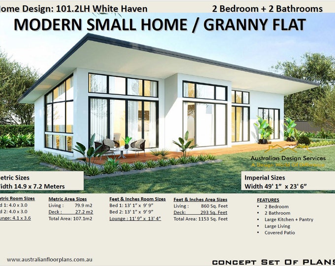 Modern 2 Bedroom house plan /  Small and Tiny House Plans / metric Under 1000 sq foot house plans / Granny Flat 79.9m2 or 860 sq foot -