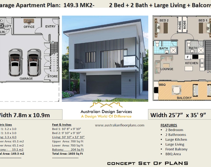 Above garage apartment/ Accessory dwelling unit /Carriage house / Guest house / Second dwelling / Rental unit /2 Bed 2 Bath House Plans Sale