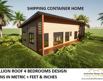 4 Bedroom Shipping Container Home Plans 80 Keppel Skillion Blueprints USA feet & Inches + Metric Sizes | Shipping Container Conversion Plans