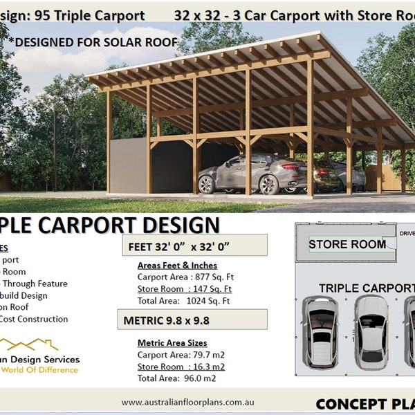32 x 32 - 3 CAR CARPORT PLANS - Easy Build Concept popular craftsman design House Plans For Sale -Triple Carport Plans