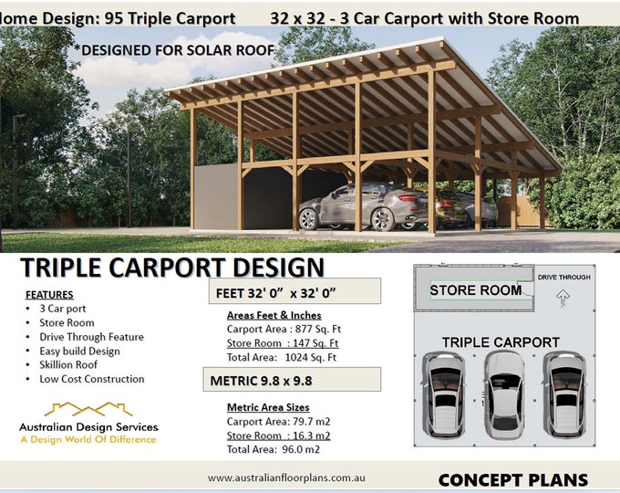 32 x 32 - 3 CAR CARPORT PLANS - Easy Build Concept popular craftsman design House Plans For Sale -Triple Carport Plans