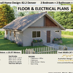 24 x 36 Small Home 2 Bedroom 2 Bathroom Office House Design - PDF Floor & Electrical Plan - 864 sq ft (80.2 m2) Instant Download