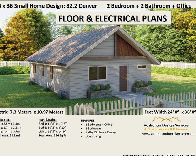 24 x 36 Small Home 2 Bedroom 2 Bathroom Office House Design - PDF Floor & Electrical Plan - 864 sq ft (80.2 m2) Instant Download