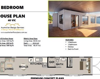 May include: A house plan for a 1-bedroom home, featuring a modern design with a deck. The plan includes a floor area of 320 sq ft and a total area of 500 sq ft. The image also shows a floor plan layout.