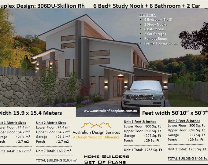 Duplex House Plan 3405 Sq. Foot (316.4 Sq. Meters) | 6 bed twin homes design | 6 Bedroom Townhouse | 6 Bedroom duplex | semi-detached duplex