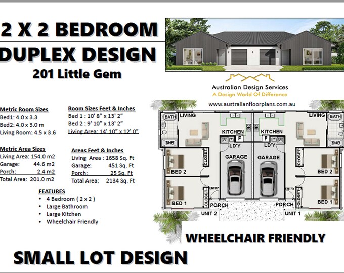 Small lot layout House Plan |  Duplex Best Selling house plan |  2 Family House Plan - Modern & Wheelchair-Friendly 2x2 Bedroom Duplex