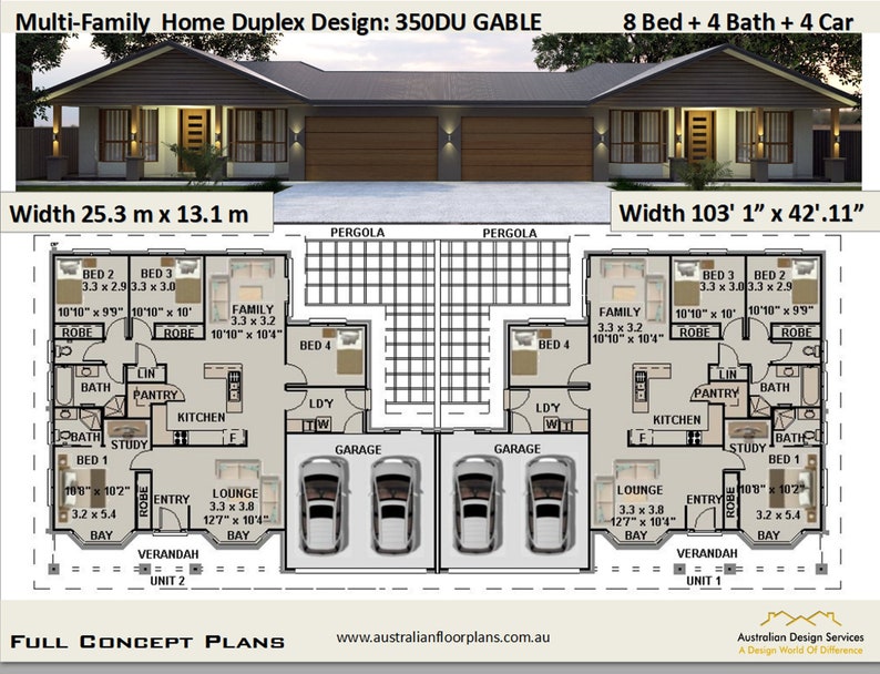 Multi Family Duplex House Plans/ 8 Bedroom Home/ modern