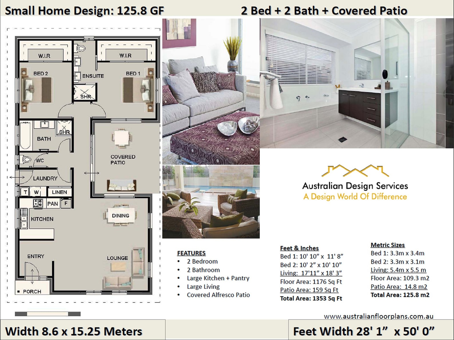 Modern Small 2 Bedroom 2 Bathroom House Design Under 1500 Sq - Etsy