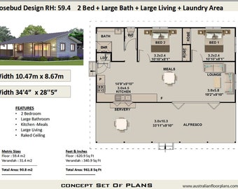 Skillion Roof 2 Bedroom house plan Rosebud | Living Area 59.4 m2 | 620 sq. foot   |  Concept House Plans For Sale  |   2 Bedroom Small Home