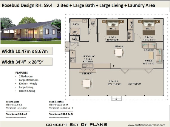 Skillion Roof 2 Bedroom House Plan Rosebud Living Area 59 4 Etsy