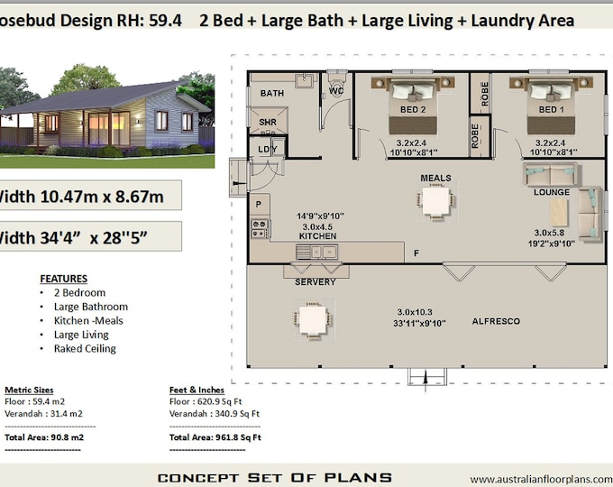 Living Area 59.4 m2 | 620 sq. foot  |  2 Bedroom house plan Rosebud |  Concept House Plans For Sale  |   2 Bedroom Skillion Roof house plan
