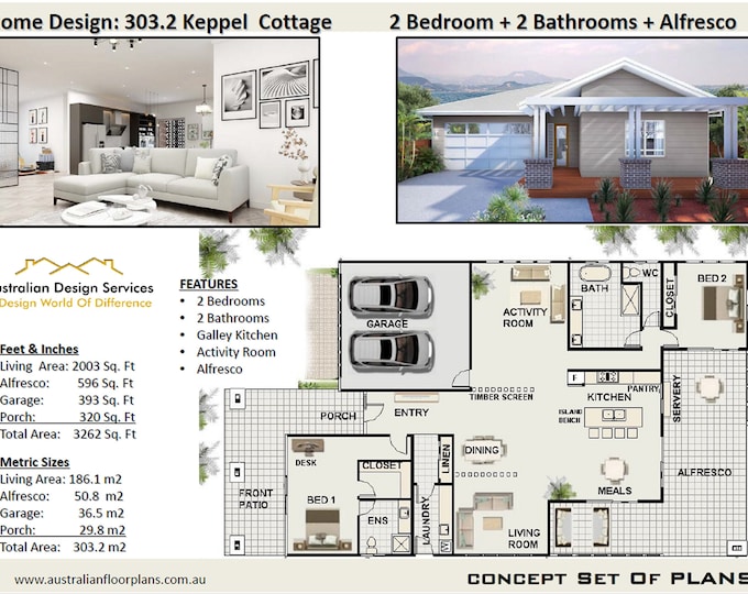 HAMPTONS GRANNY FLAT - Small and Tiny Home Design 186 m2/ 2003 Sq. Feet  - Hamptons 2 Bed House Plans For Sale  2000 Sq Feet