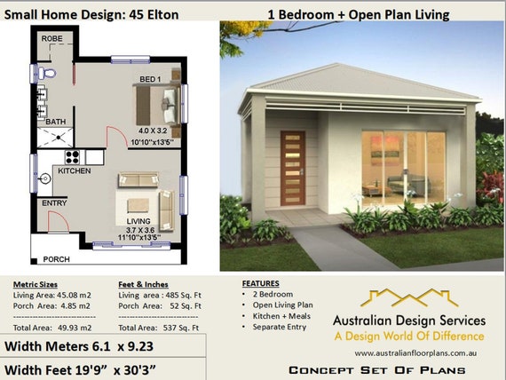 Small House Plan 45 Elton 537 Sq Foot 45 93 M2 1 Bedroom Etsy