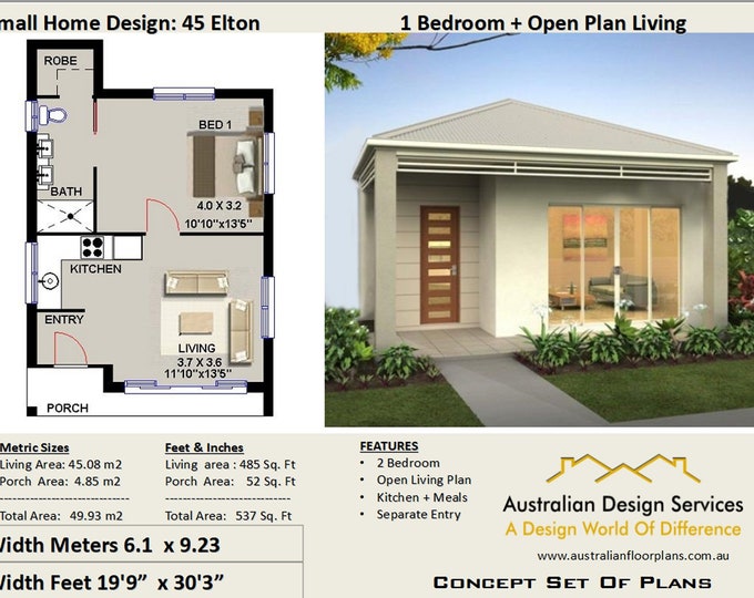 45-1 Bedroom House Plan 45 Elton 537 Sq Foot ( 45.93 m2 )  1 Bedroom home design - Small and Tiny House Plans -home studio House Plans Sale