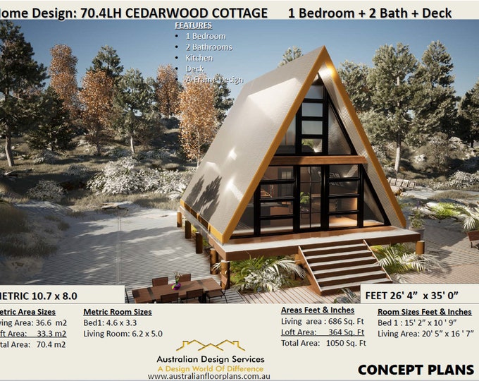 Architectural "A" Shape GRANNY FLAT - Small and Tiny Home Design 70.4m2/ 1050 Sq. Feet  - Cedarwood Cottage Architectural Drawings