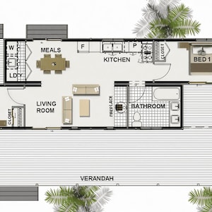 May include: A detailed floor plan of a house, viewed from above, showing the layout of rooms. The plan includes a patio, two bedrooms, a kitchen, a living room, a bathroom, and a veranda, with furniture and fixtures.