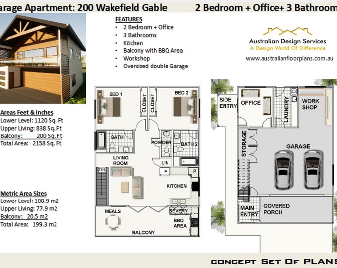 Granny Flat / Garage Apartment Plan - 2 Bed + Office   |  Airbnb Apartment  | Carriage house t  |  house plans for sale