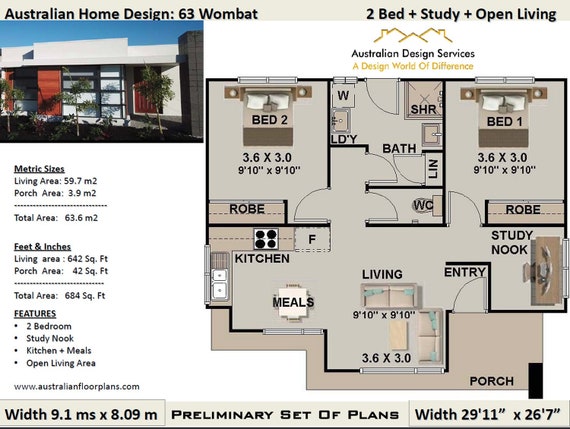 2 Bed House Plans Australia Living Area 59 7 M2 642 Sq Feet Etsy