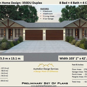 Puede incluir: Una representación 3D de un plano de diseño de una casa dúplex, etiquetada como "350DU Duplex". El plano incluye 8 dormitorios, 4 baños, 2 salas de estar y un garaje para 4 coches. La casa mide 25,3 metros por 13,1 metros, o 103 pies 1 pulgada por 42 pies 11 pulgadas.