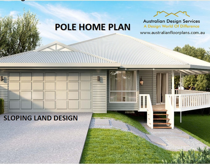 POLE HOME HOUSEPLANS / 3 Bedroom 2 Car Garage - 136.9 m2 / 1473 Sq. Feet 3 Bedroom / Sloping Land Home Plans- Premium Hillside Set of Plans