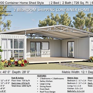 May include: A white two-bedroom shipping container home with a covered deck. The home is 40 feet wide and 28 feet deep, with a total area of 1202 square feet. The home features a galley kitchen, large living room, dining room, and a front deck. The home is designed with a roof truss system.