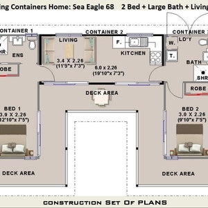 Construction Plan#68 Sea: 3 x Shipping Containers -2 Bedroom Home | Full Construction House Plans | Blueprints Feet & Inches/Metric Sizes